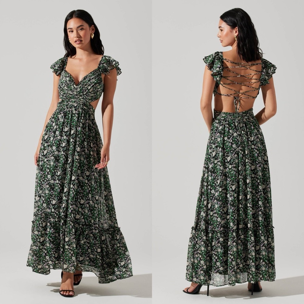 New ASTR Primrose Floral Strappy Back Maxi Dress Black Purple Green